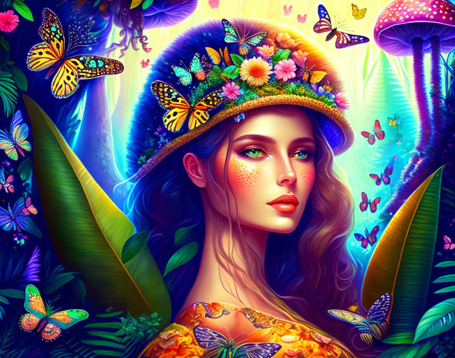 Colorful illustration of woman with flowing hair in floral hat among lush foliage