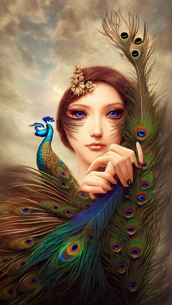 Surreal portrait of woman with peacock feather hair and bird in background