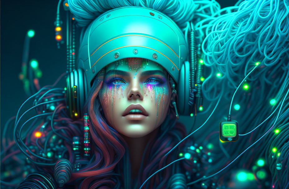 Futuristic woman with vibrant makeup and helmet in glowing wire setting