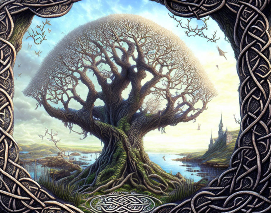 Detailed mystical tree illustration with ornate border overlooking tranquil landscape