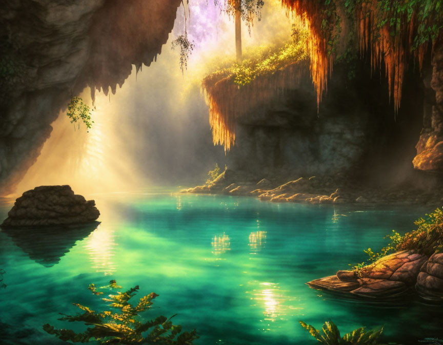 Tranquil cave with turquoise lake, lush greenery, and purple sky