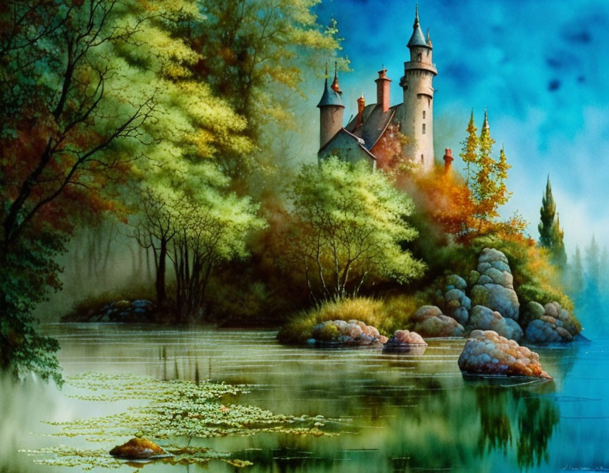 Tranquil autumn landscape with castle, misty lake, and rocky outcrops