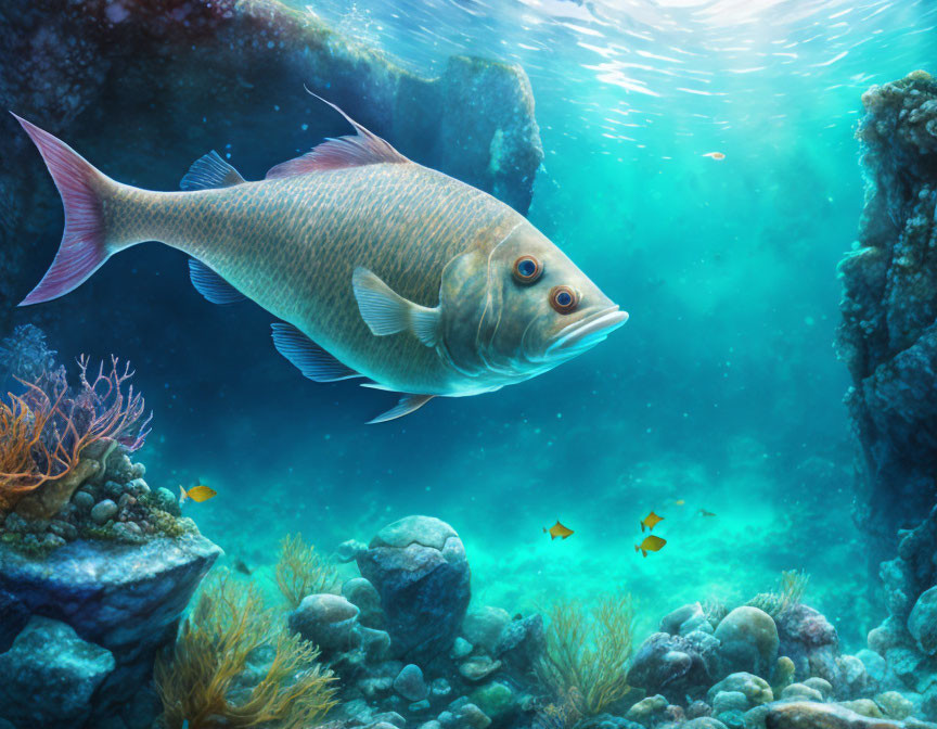 Underwater scene: large fish, coral, sunbeams