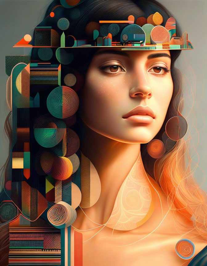 Geometric patterns in woman's portrait artwork