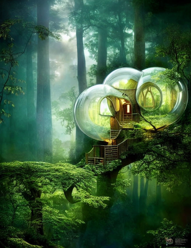 Whimsical transparent bubble treehouse in lush forest