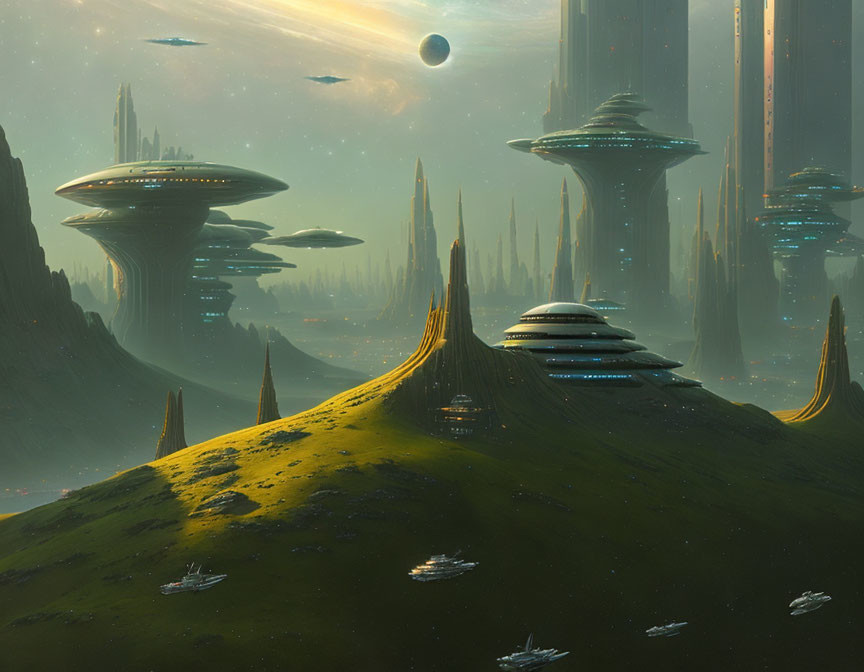 Futuristic cityscape with skyscrapers, hills, and flying vehicles under a planet and moon