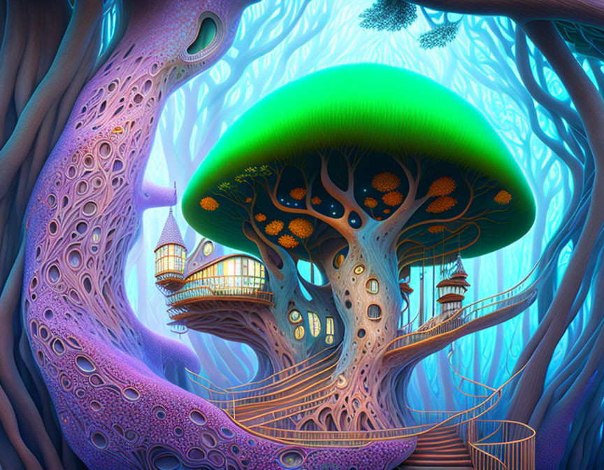 Colorful Fantasy Forest with Oversized Mushrooms and Treehouses