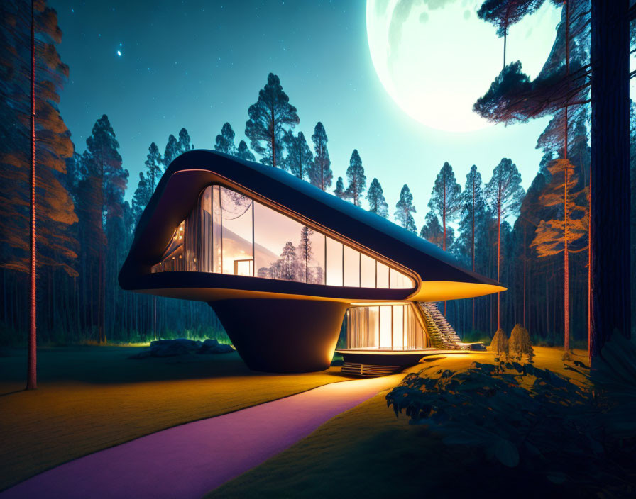 Modern futuristic house with large windows in forest night scene