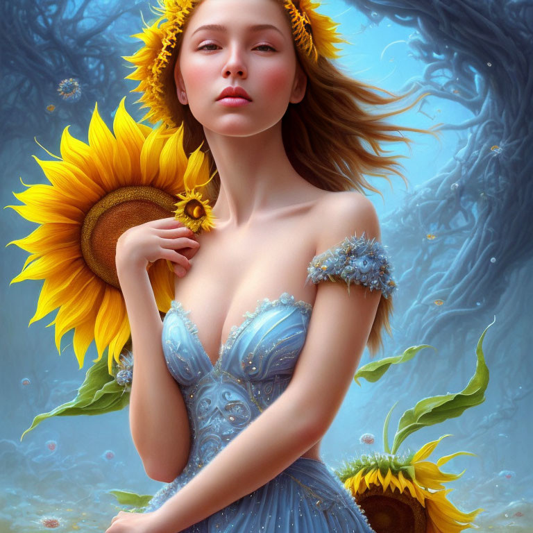 Stylized portrait of a woman with sunflower adornments and blue floral dress on soft blue background