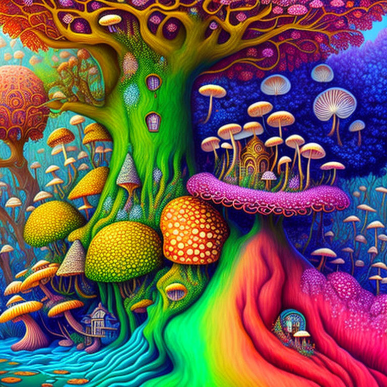 Colorful Tree with Mushrooms and Fairy-Tale Houses in Psychedelic Illustration