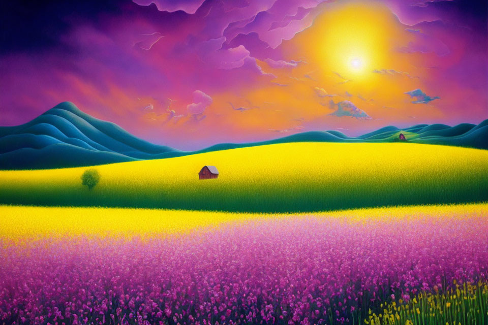 Scenic landscape painting with yellow and purple fields under a sunset sky