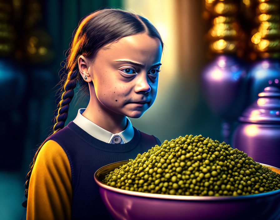 Digital artwork: Girl with braided hair gazes at bowl of green peas on vibrant background