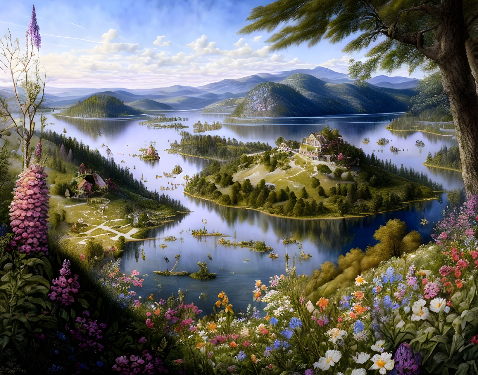 Tranquil lakeside landscape with vibrant greenery, flowers, hills, and villa