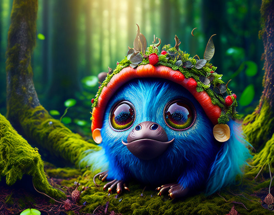 Blue creature with leafy crown in enchanted forest with sunbeams