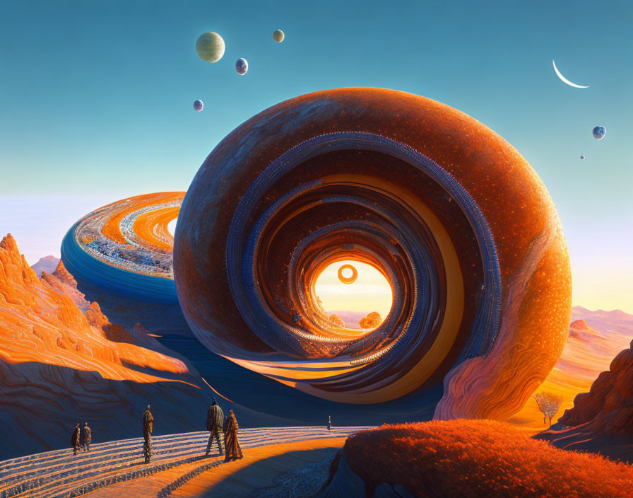 Explorers in surreal landscape with swirling portal and alien desert.