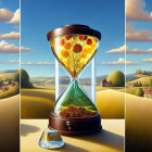 Surreal landscape with large hourglass and yellow flowers under blue sky