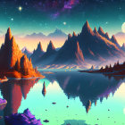 Surreal landscape with towering spires and floating islands