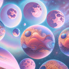 Surreal landscape with nautilus shells, moons, and purple sky