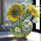 Colorful Watercolor Painting: Sunflower Bouquet in Bowl on Blue Background