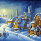 Whimsical village with turrets and fox in mystical forest at twilight