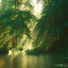 Misty Lake Scene with Wooden Boats and Golden Tree