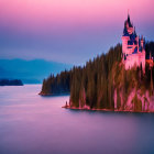 Twilight fairytale castle by serene river with spires and colorful flowers