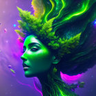 Vibrant green woman merges nature with cosmic background