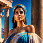 Colorful digital artwork: Woman with rainbow hair, makeup, ornate jewelry, against Greek temple.