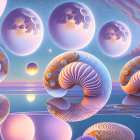 Colorful digital artwork with reflective bubbles and coral structures in pink and blue.