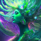 Illustration: Woman's face merging with mystical forest in rich greens.