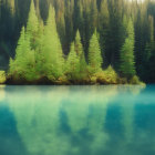 Tranquil green trees and yellow foliage reflected on blue water with dense forest background