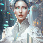 Cybernetic woman with headphones in futuristic setting.