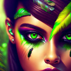 Colorful digital portrait of female with green eyes, vibrant makeup, feathers, and circuitry elements.