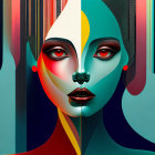 Symmetrical digital artwork: Woman with blue skin, golden tattoos, glowing eyes, and swirling hair on