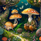 Vibrant digital artwork: stylized birds, glowing mushrooms, reflective orbs in nocturnal landscape