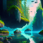 Vibrant surreal landscape: floating islands, twisted rocks, lush vegetation, waterfalls, serene water