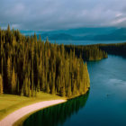 Tranquil autumn landscape: trees in fall colors, calm lake, misty background