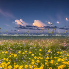 Colorful Wildflower Field, Lake, Mountains, Twilight Sky & Crescent Moon