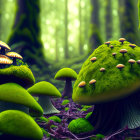 Mystical forest digital artwork with vibrant mushrooms and floating orbs