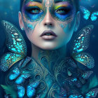 Colorful woman portrait with blue skin and butterfly makeup against teal background