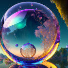 Surreal artwork of woman in bubble with tree in mystical setting