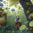 Astronaut in Orange Suit in Misty Forest with Large Tree Roots