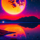 Surreal landscape with large red moon, mountain range, lake, starry sky, planets