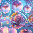 Futuristic sci-fi landscape with domed structures, floating cities, spaceships, and purple sky