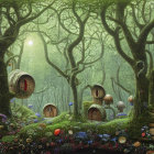 Enchanted forest scene with dense trees, glowing sunset, whimsical houses, colorful flowers, and