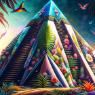 Colorful artwork featuring mystical pyramid, cosmic patterns, starry sky, foliage, and silhouette.