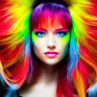 Colorful portrait of a person with rainbow hair and blue eyes