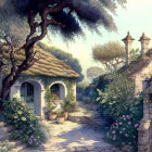 Whimsical surreal landscape with cobblestone paths and blue-roofed cottages