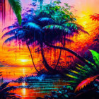 Colorful Sunset Landscape with Waterfalls, Trees, and Toucan