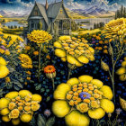 Colorful painting of stylized trees, a house, and flowers under a starry sky